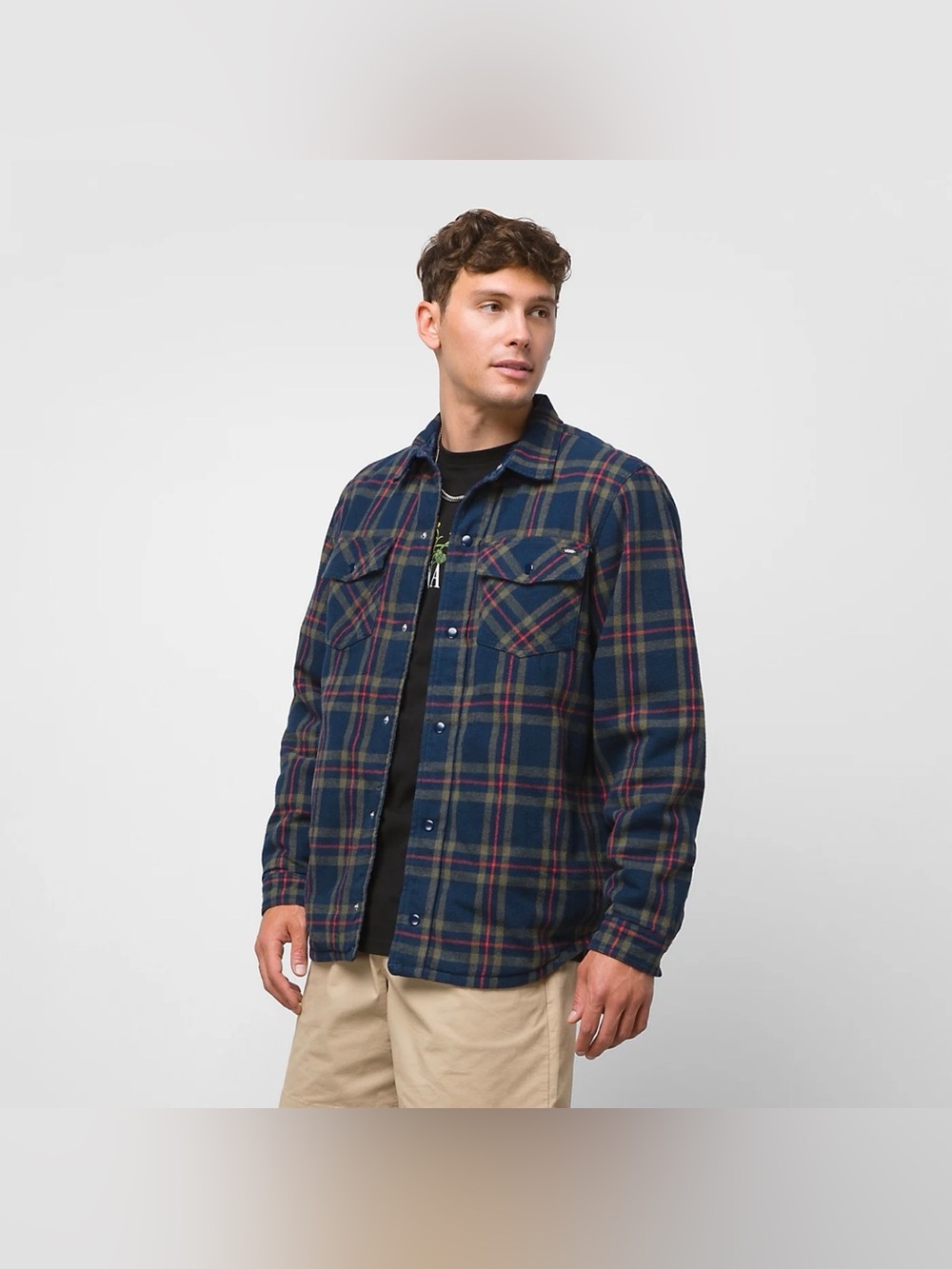 Vans Brickell Reversible Shirt Jacket Men’s L Plaid Flannel Blue Snaps Quilted